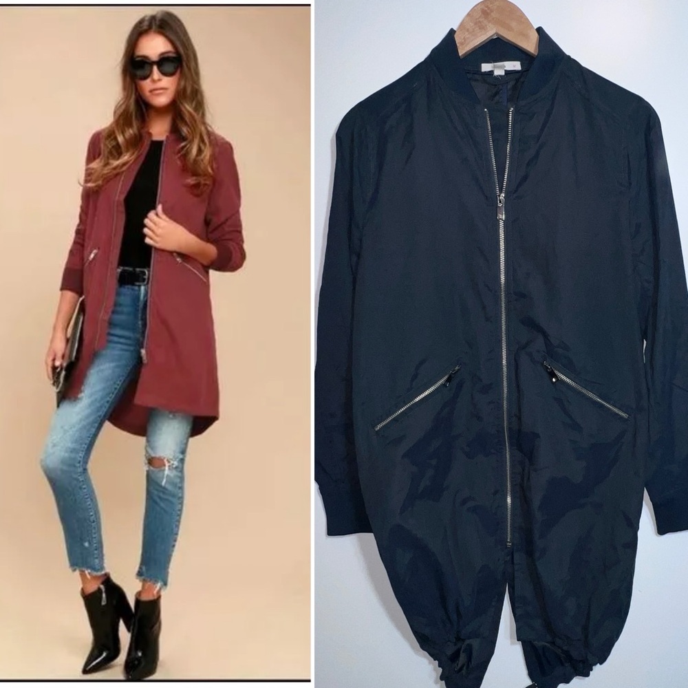 Anthropologie Le Lis Black Long Line Bomber Jacket Accent Zipper Pockets Medium